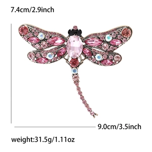 Detailed dimensions of the vintage rhinestone dragonfly brooch with size and weight info