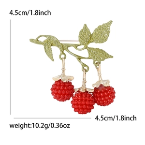 Elegant red enamel blackberry brooch with green leaves and gold-plated alloy detail