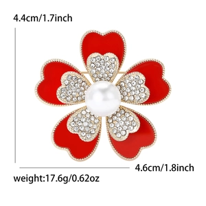 Eleganter roter Blumenanstecker mit weißen Kristallen, Perlen und Goldbeschichtung