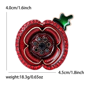 Mohnblumen-Brosche mit roten Strasssteinen und grünem Emaille, 4,5cm eleganter Schmuck