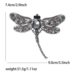 Detailed dragonfly brooch dimensions 9.0cm by 7.4cm with faceted grey rhinestones