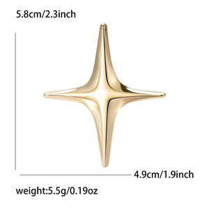 Minimalist gold-polished four-point star brooch with 5.8cm height and mirror finish