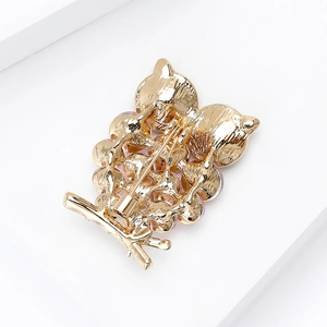 Achteraanzicht van een gouden uil-broche met strassteentjes en een veilige sluiting