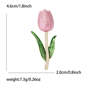 Detailed dimensions of pink tulip enamel brooch with dimensions 4.6cm by 2.0cm and 7.3g weight