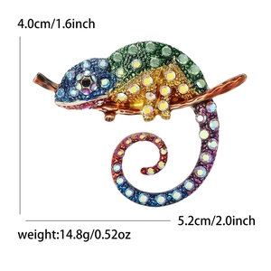 Broche caméléon en émail coloré avec strass arc-en-ciel et dimensions du produit