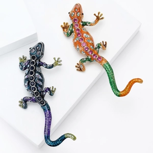 Vintage Alloy Enamel Lizard Brooch Pin Large Gecko Animal Shape With Rhinestone For Men Women Suit Shirt Lapel Jewelry Gift