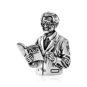 Vintage silver teacher brooch with ABC book detail and scholar design for clothing