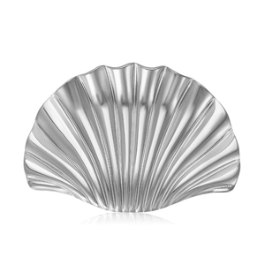 Elegant stainless steel shell shaped decorative jewelry tray with a polished silver finish