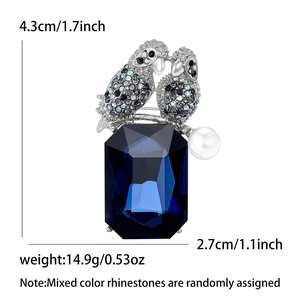Fashion parrot brooch with blue rhinestones, white pearl and gemstone dimensions
