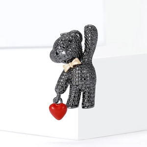 Gunmetal teddy bear brooch with black rhinestones and a red heart pendant charm
