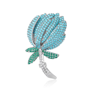 Broche tulipe créative avec strass turquoise et émeraude sur base en métal argenté