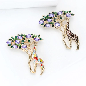 Chic giraffe brooches with purple crystals and colorful enamel leaves set of two pieces