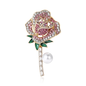 Elegante Rozenbloem Broche Pin Voor Vrouwen Legering Strass Kristal Bloem Corsage Met Imitatieparel Groen Blad Mode Sieraden Accessoires Bruiloft Feest Cadeau