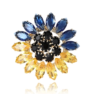 Broche Tournesol en Alliage pour Femmes Broche Fleur en Strass Bleu Et Jaune Avec Long Gland Accessoires de Bijoux de Mode Cadeau