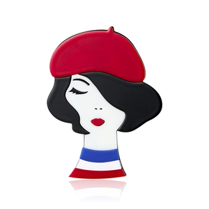 French Style Fashion Girl Acrylic Brooch Pin For Women Red Beret Cartoon Figure Badge Clothing Decoration Accessories