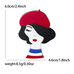 French style acrylic woman brooch with red beret and black bob hair portrait design