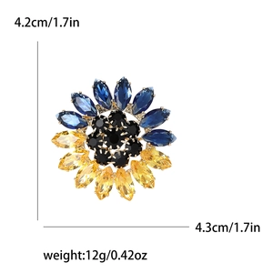 Broche tournesol en strass bleu et jaune avec mesures de dimensions détaillées