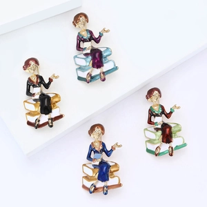 Creative professional woman brooches with elegant hat sitting on books in four colors