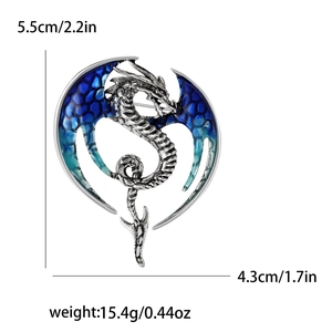 Exaggerated flying dragon brooch with blue green gradient wings in silver alloy
