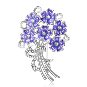 Elegant purple hydrangea brooch with enamel flowers and crystal bowknot in silver finish