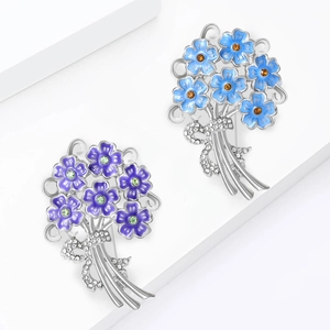 Elegant hydrangea flower brooches with purple and blue enamel and sparkling crystals