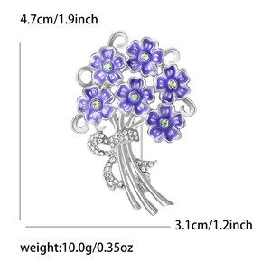 Elegant purple hydrangea flower brooch with crystals and dimensions in silver finish
