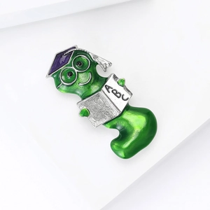 Creative green enamel worm brooch pin with doctoral hat and ABC book for teachers
