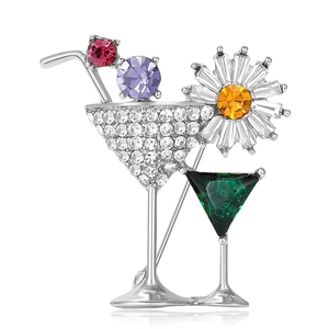 Chic cocktail glass brooch with colorful crystals and daisy floral accent in silver finish