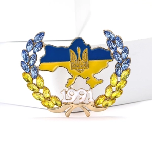 Ukraine map brooch with blue and yellow enamel rhinestones and 1991 independence mark