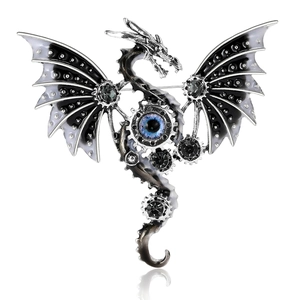 Spilla drago meccanico steampunk con ingranaggi, occhio blu e finitura in argento antico