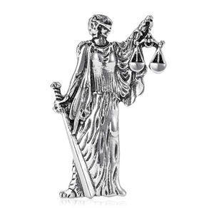 Broche déesse de la justice en argent vintage avec épée et balance pour tous