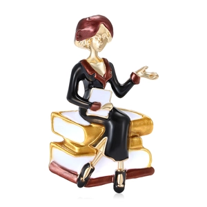 Vintage enamel brooch of lady sitting on books with gold plating for women's outfits