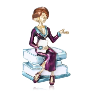 Fashionable teacher brooch with purple dress and books, gold plated enamel pin for women