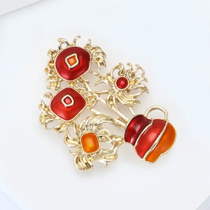 Broche tournesol style Van Gogh vintage avec émail rouge sur cadre floral doré