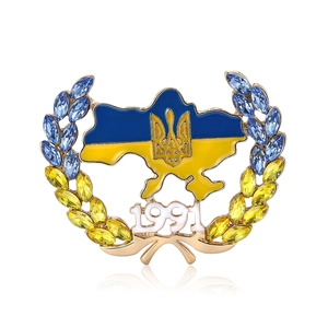Ukraine map brooch with rhinestones, 1991 year mark and national trident emblem