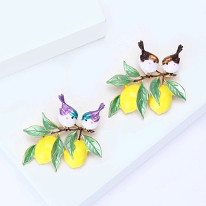 Broche en Alliage Émaillé Oiseau Citron pour Femmes Accessoire de Bijoux de Style Branche de Fruits Badge Décoratif Inspiré de la Nature