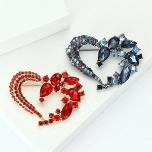 Elegant rhinestone heart brooches in red and blue alloy with crystal floral design