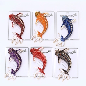 Detailed grid view of six colorful enamel koi fish brooches with rhinestone accents