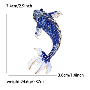Detailed size view of a blue enamel carp brooch with dimensions 7.4cm x 3.6cm