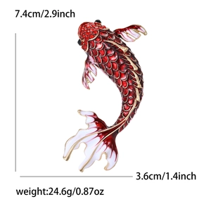 Detail view of red enamel koi fish brooch with rhinestones showing dimensions 7.4cm by 3.6cm