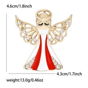 Spilla angelo minimalista in lega dorata con strass e vestito smaltato rosso e bianco