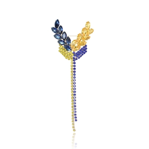Luxurious Alloy Rhinestone Wheat Ear Brooch For Women Elegant Long Tassel Chain Pin Blue Yellow Crystal Corsage Jewelry Gift