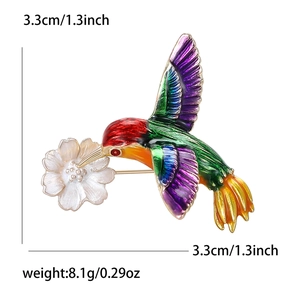 Broche colibri et fleur en émail coloré avec dimensions et poids pour accessoires