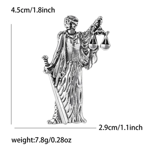 Silver Lady Justice brooch pin in vintage alloy with scale and sword for suits
