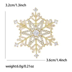 Golden snowflake brooch with zircon crystals for suits, measuring 3.6cm wide and 3.2cm high