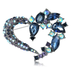 Sparkling dark blue heart brooch with rhinestone crystals in gunmetal alloy base