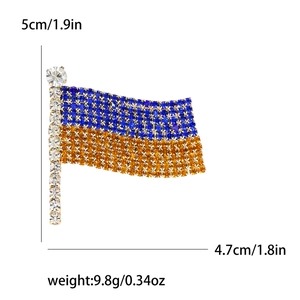 Ukraine flag brooch with blue and yellow rhinestones and dimensions shown in 5cm x 4.7cm