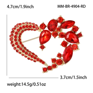 Elegant heart-shaped brooch with red rhinestones and golden flower cluster design
