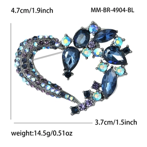 Heart-shaped alloy brooch with blue and purple rhinestones on a gunmetal base