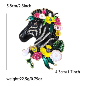 Exquisite zebra horse head brooch with colorful enamel flowers and pavé crystals for suits